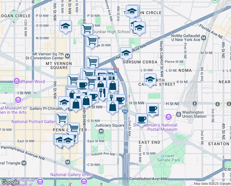 map of restaurants, bars, coffee shops, grocery stores, and more near 311 I Street Northwest in Washington