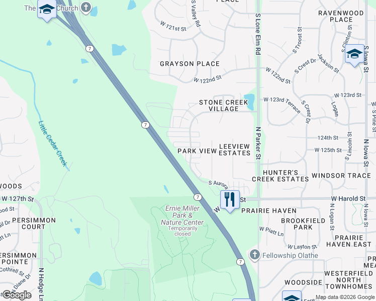 map of restaurants, bars, coffee shops, grocery stores, and more near 12507 South Chelsea Street in Olathe