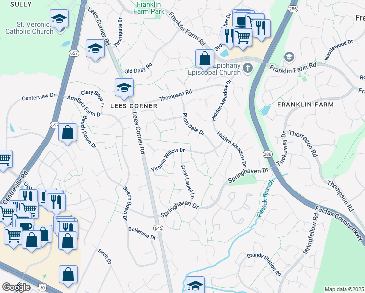 map of restaurants, bars, coffee shops, grocery stores, and more near 13412 Virginia Willow Drive in Fairfax
