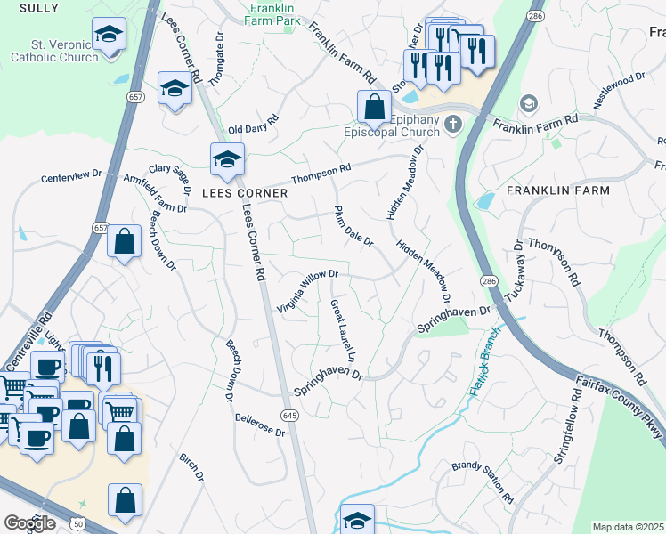map of restaurants, bars, coffee shops, grocery stores, and more near 13412 Virginia Willow Drive in Fairfax