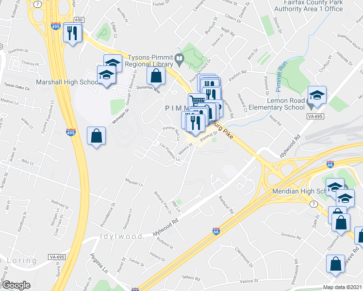 map of restaurants, bars, coffee shops, grocery stores, and more near 2200 Pimmit Run Lane in Falls Church
