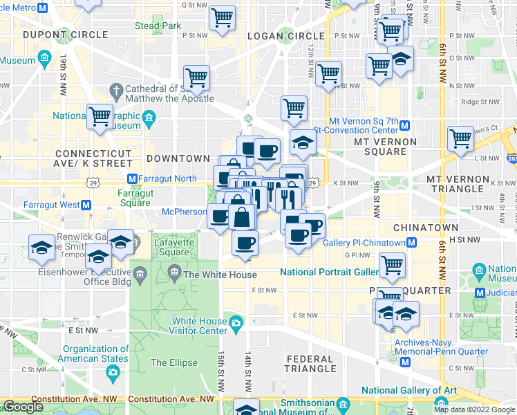map of restaurants, bars, coffee shops, grocery stores, and more near 1331 I Street Northwest in Washington