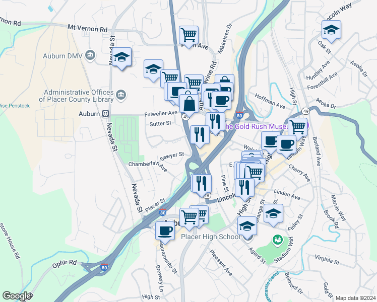 map of restaurants, bars, coffee shops, grocery stores, and more near 275 Placer Street in Auburn