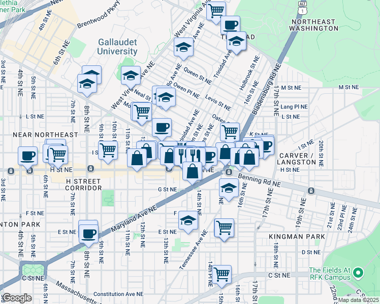 map of restaurants, bars, coffee shops, grocery stores, and more near 101 Independence Avenue Southeast in Washington