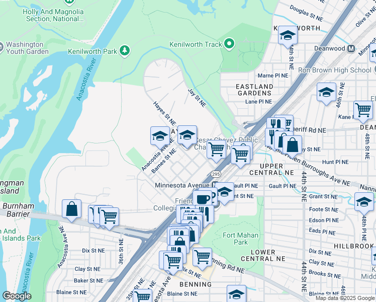 map of restaurants, bars, coffee shops, grocery stores, and more near 3701 Hayes Street Northeast in Washington