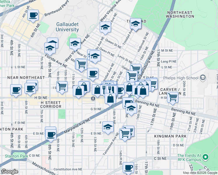 map of restaurants, bars, coffee shops, grocery stores, and more near 1352 Florida Avenue Northeast in Washington