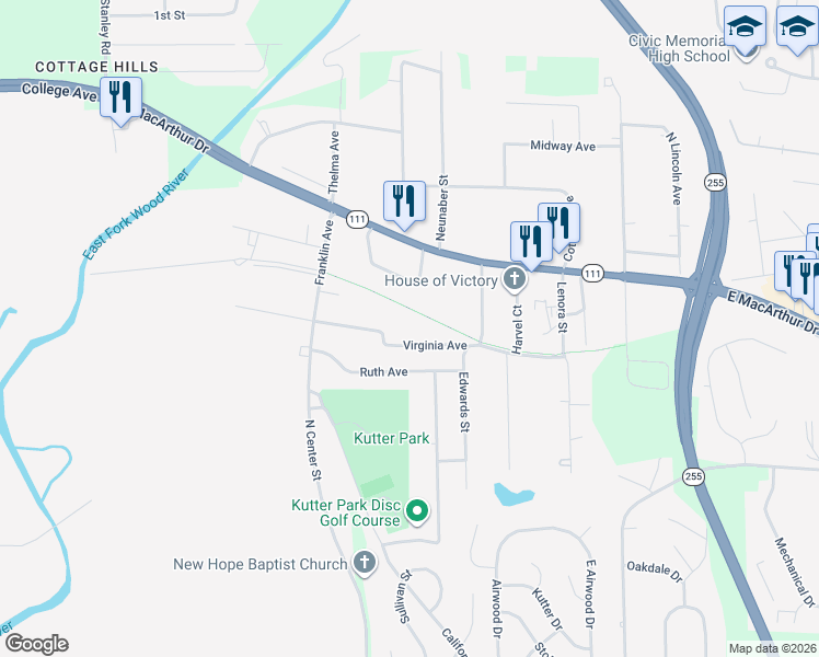 map of restaurants, bars, coffee shops, grocery stores, and more near 363 Virginia Avenue in Bethalto