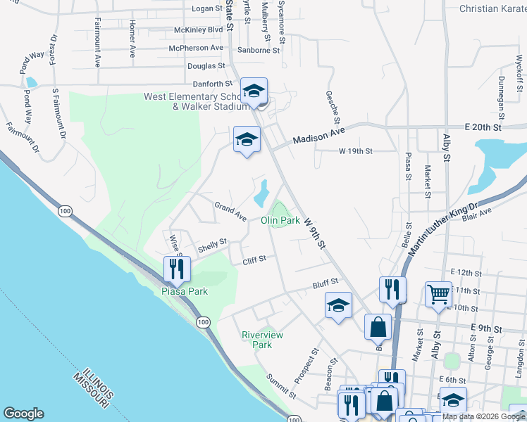 map of restaurants, bars, coffee shops, grocery stores, and more near 1200 Grand Avenue in Alton