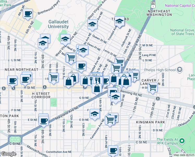 map of restaurants, bars, coffee shops, grocery stores, and more near 1358 Florida Avenue Northeast in Washington