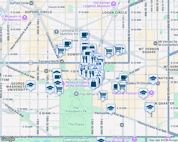 map of restaurants, bars, coffee shops, grocery stores, and more near in Washington