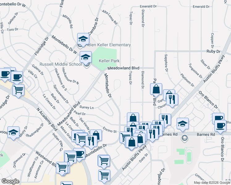 map of restaurants, bars, coffee shops, grocery stores, and more near 4765 Montebello Drive in Colorado Springs