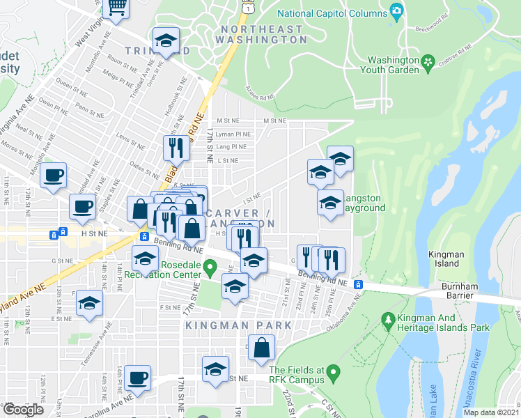 map of restaurants, bars, coffee shops, grocery stores, and more near 101 Independence Avenue Southeast in Washington
