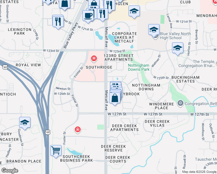 map of restaurants, bars, coffee shops, grocery stores, and more near 12573 Broadmoor Street in Leawood