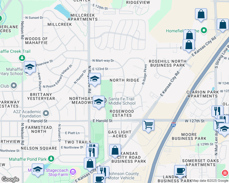 map of restaurants, bars, coffee shops, grocery stores, and more near 1419 East Mart-Way Circle in Olathe