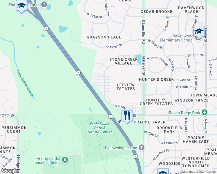 map of restaurants, bars, coffee shops, grocery stores, and more near 1221 North Leeview Circle in Olathe
