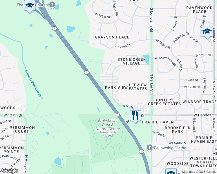 map of restaurants, bars, coffee shops, grocery stores, and more near 12523 Chelsea Street in Olathe
