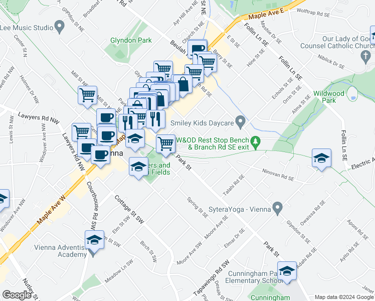 map of restaurants, bars, coffee shops, grocery stores, and more near 212 Park Terrace Court Southeast in Vienna