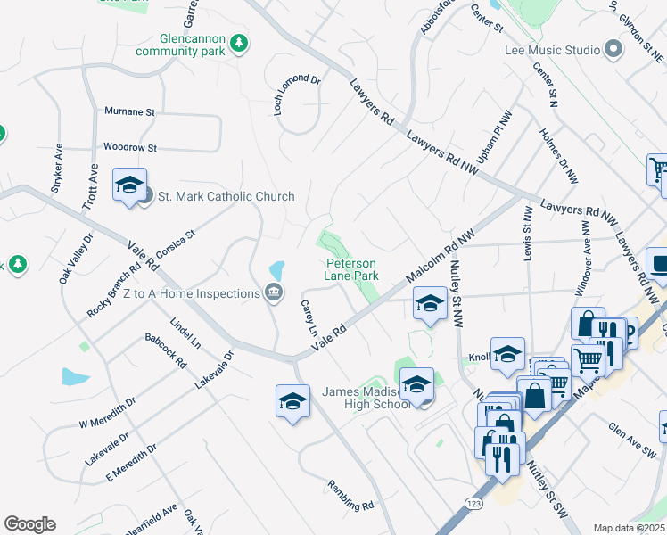 map of restaurants, bars, coffee shops, grocery stores, and more near 605 Roberts Drive Northwest in Vienna