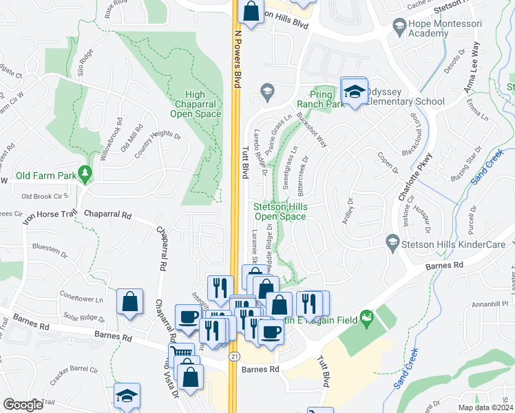 map of restaurants, bars, coffee shops, grocery stores, and more near 4852 Saddle Ridge Drive in Colorado Springs
