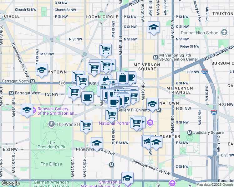 map of restaurants, bars, coffee shops, grocery stores, and more near 1101 New York Avenue Northwest in Washington