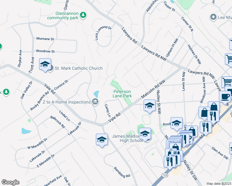 map of restaurants, bars, coffee shops, grocery stores, and more near 605 Roberts Drive Northwest in Vienna
