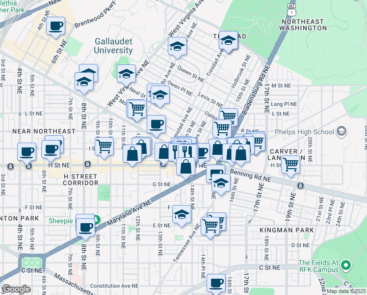 map of restaurants, bars, coffee shops, grocery stores, and more near 101 Independence Avenue Southeast in Washington