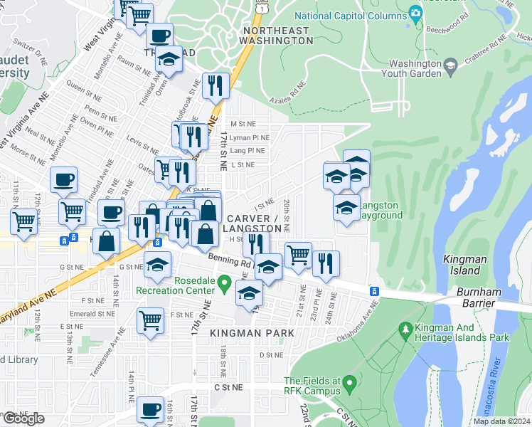 map of restaurants, bars, coffee shops, grocery stores, and more near 850 19th Street Northeast in Washington