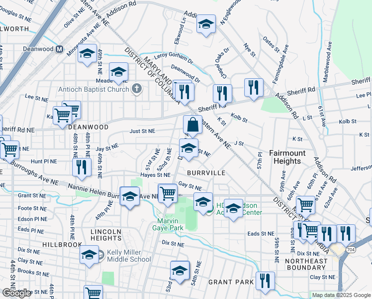 map of restaurants, bars, coffee shops, grocery stores, and more near 5303 Jay Street Northeast in Washington