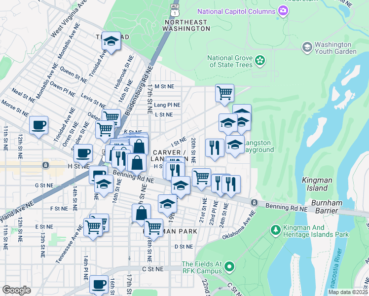 map of restaurants, bars, coffee shops, grocery stores, and more near 851 19th Street Northeast in Washington