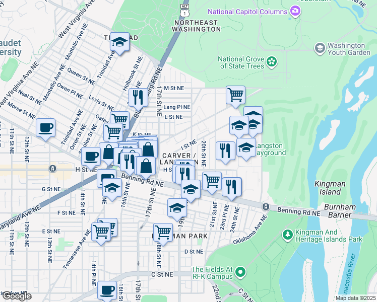 map of restaurants, bars, coffee shops, grocery stores, and more near 850 19th Street Northeast in Washington