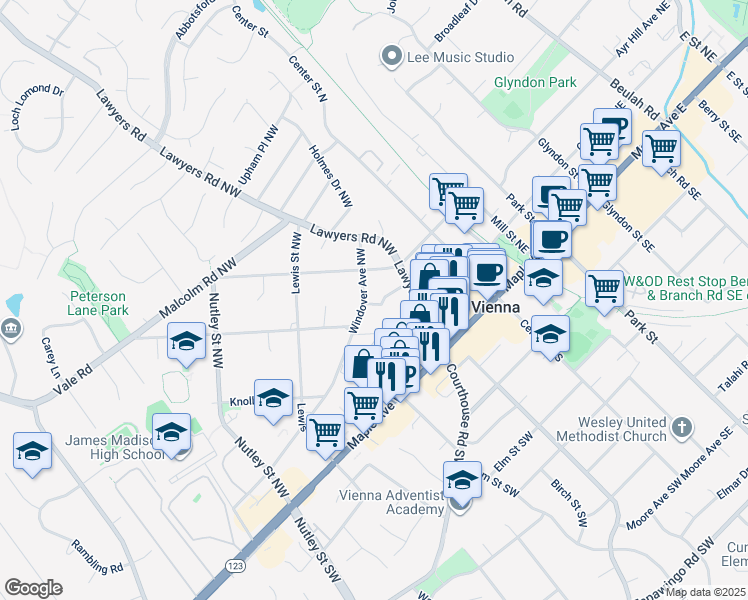 map of restaurants, bars, coffee shops, grocery stores, and more near 223 Walnut Lane Northwest in Vienna