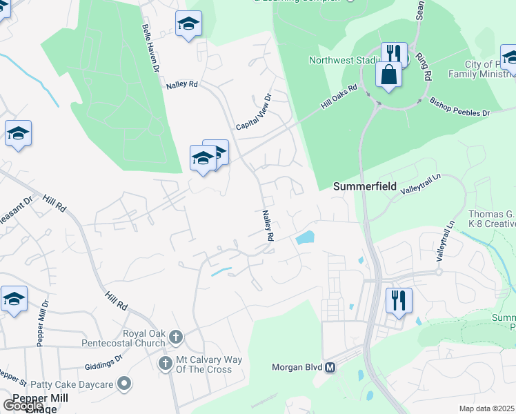 map of restaurants, bars, coffee shops, grocery stores, and more near 874 Nalley Road in Summerfield