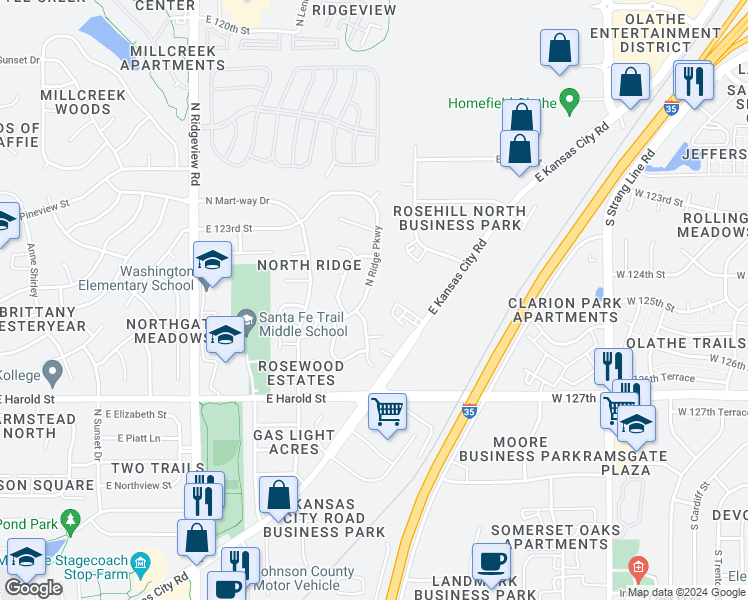 map of restaurants, bars, coffee shops, grocery stores, and more near 1314 North Ridge Parkway in Olathe