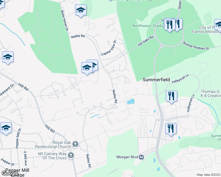 map of restaurants, bars, coffee shops, grocery stores, and more near 874 Nalley Road in Summerfield