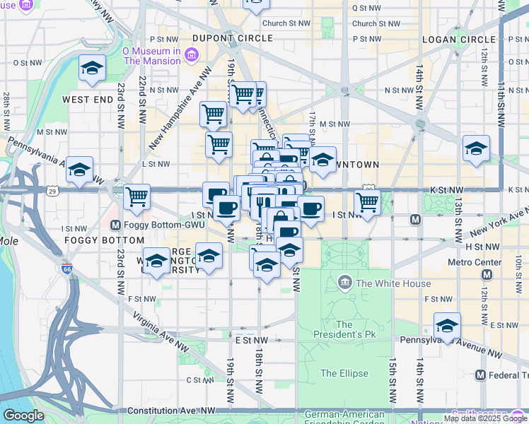 map of restaurants, bars, coffee shops, grocery stores, and more near 1785 I Street Northwest in Washington