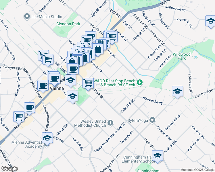 map of restaurants, bars, coffee shops, grocery stores, and more near 426 Dominion Road Southeast in Vienna