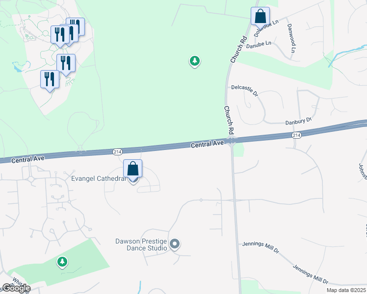 map of restaurants, bars, coffee shops, grocery stores, and more near Central Avenue in Upper Marlboro