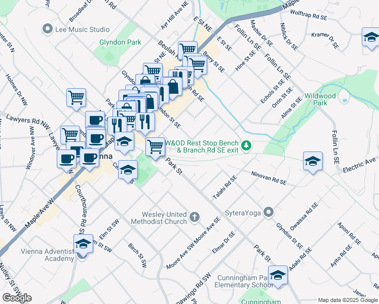 map of restaurants, bars, coffee shops, grocery stores, and more near 426 Dominion Road Southeast in Vienna