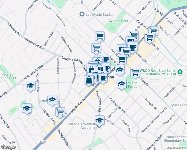 map of restaurants, bars, coffee shops, grocery stores, and more near 137 Church Street Northwest in Vienna
