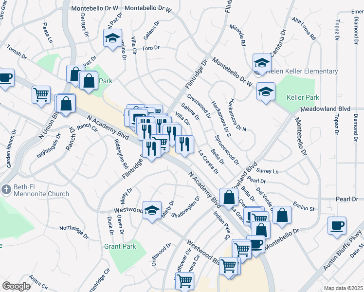map of restaurants, bars, coffee shops, grocery stores, and more near 4710 Villa Circle in Colorado Springs