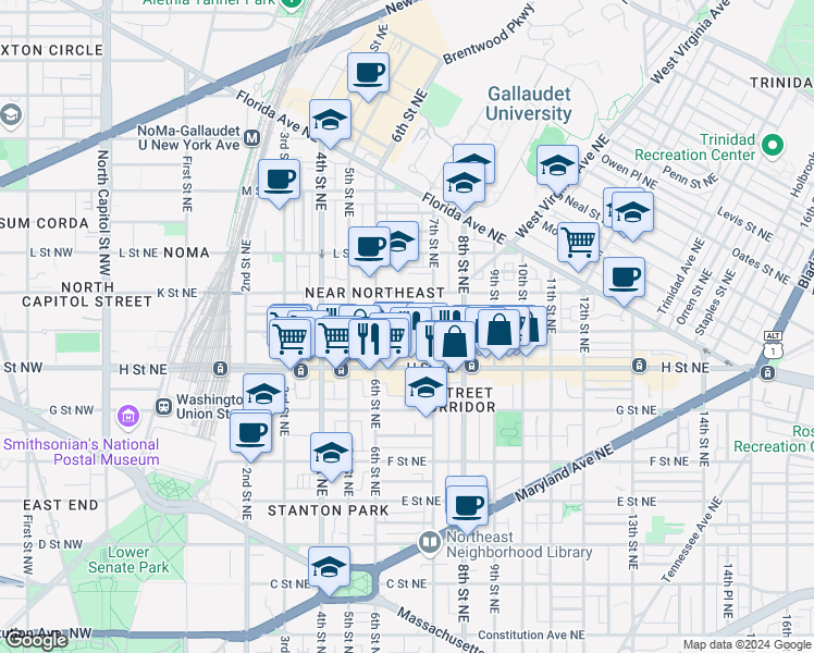map of restaurants, bars, coffee shops, grocery stores, and more near 630 I Street Northeast in Washington