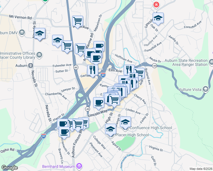 map of restaurants, bars, coffee shops, grocery stores, and more near 153 Kenmass Avenue in Auburn