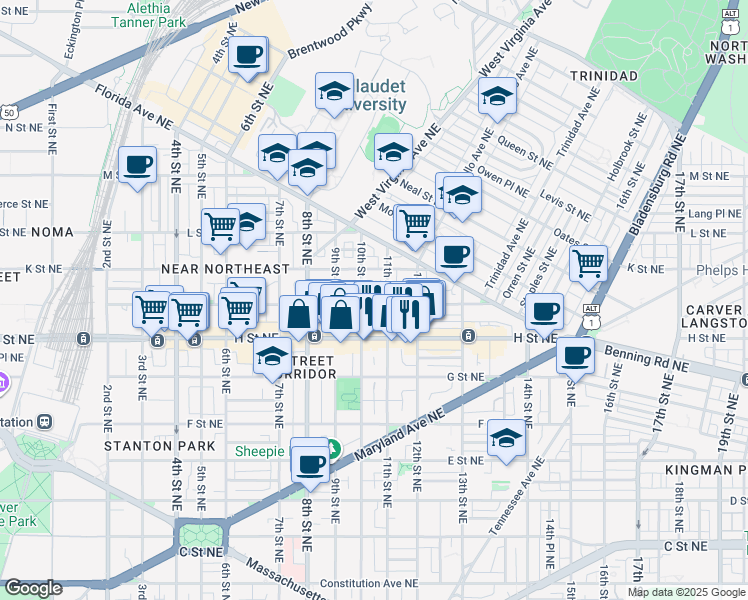 map of restaurants, bars, coffee shops, grocery stores, and more near 101 Independence Avenue Southeast in Washington