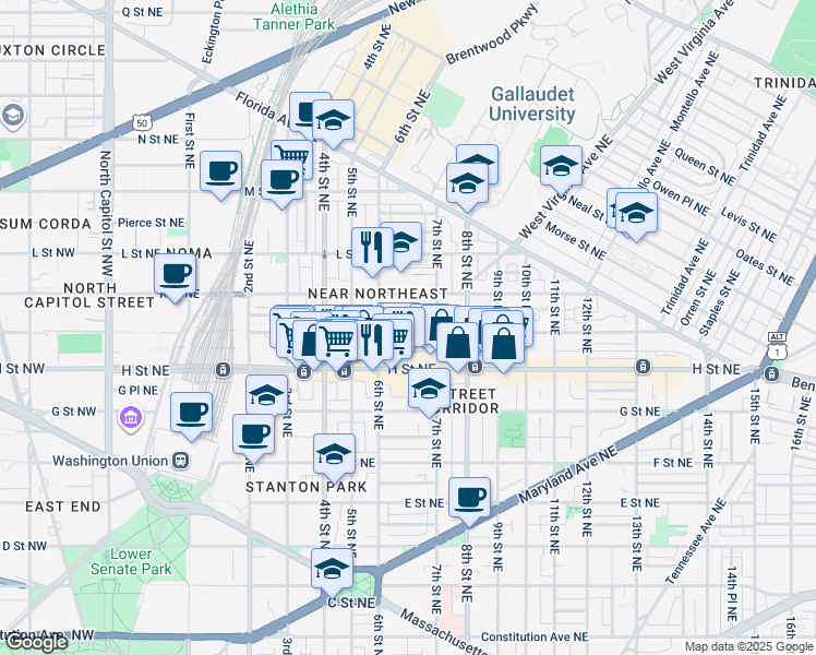 map of restaurants, bars, coffee shops, grocery stores, and more near 101 Independence Avenue Southeast in Washington