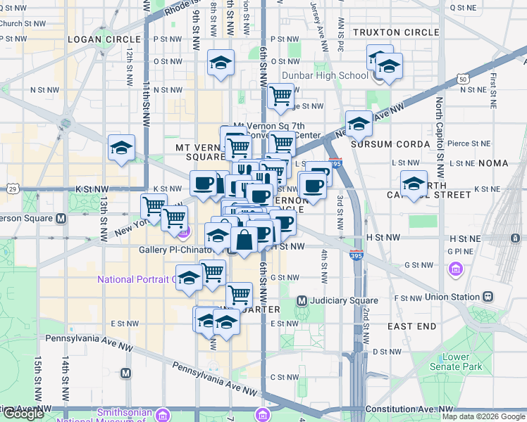 map of restaurants, bars, coffee shops, grocery stores, and more near 101 Independence Avenue Southeast in Washington