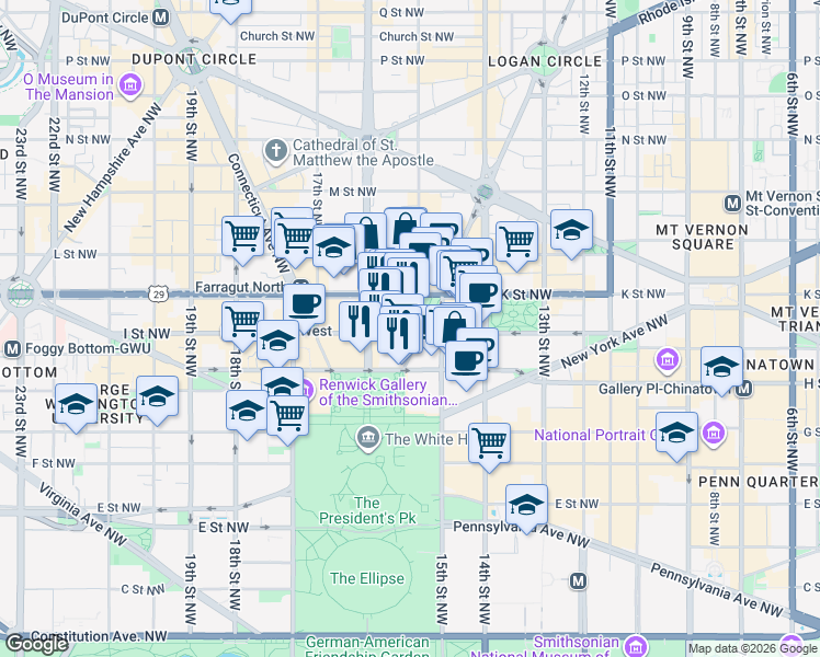 map of restaurants, bars, coffee shops, grocery stores, and more near 0 Washington Circle Northwest in Washington