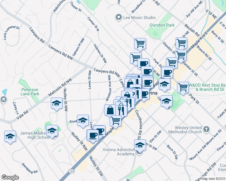 map of restaurants, bars, coffee shops, grocery stores, and more near 223 Walnut Lane Northwest in Vienna