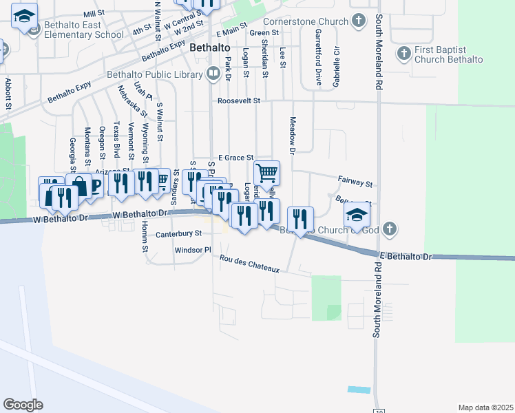 map of restaurants, bars, coffee shops, grocery stores, and more near 406 East Bethalto Drive in Bethalto