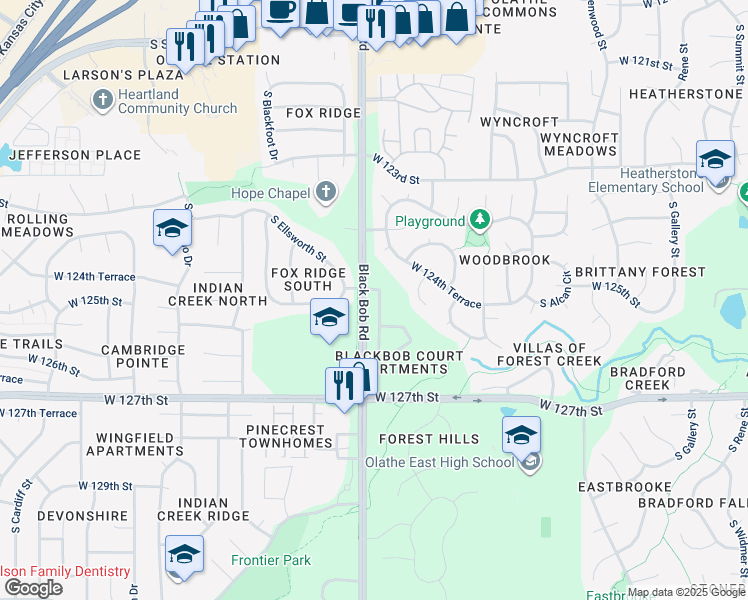 map of restaurants, bars, coffee shops, grocery stores, and more near 12520 South Constance Street in Olathe