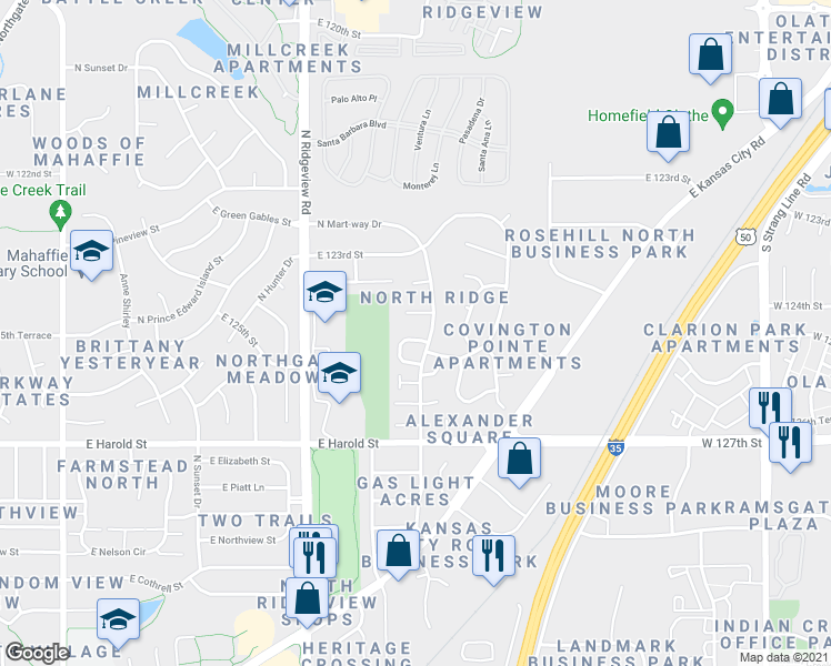 map of restaurants, bars, coffee shops, grocery stores, and more near 1290 North Mart-way Drive in Olathe